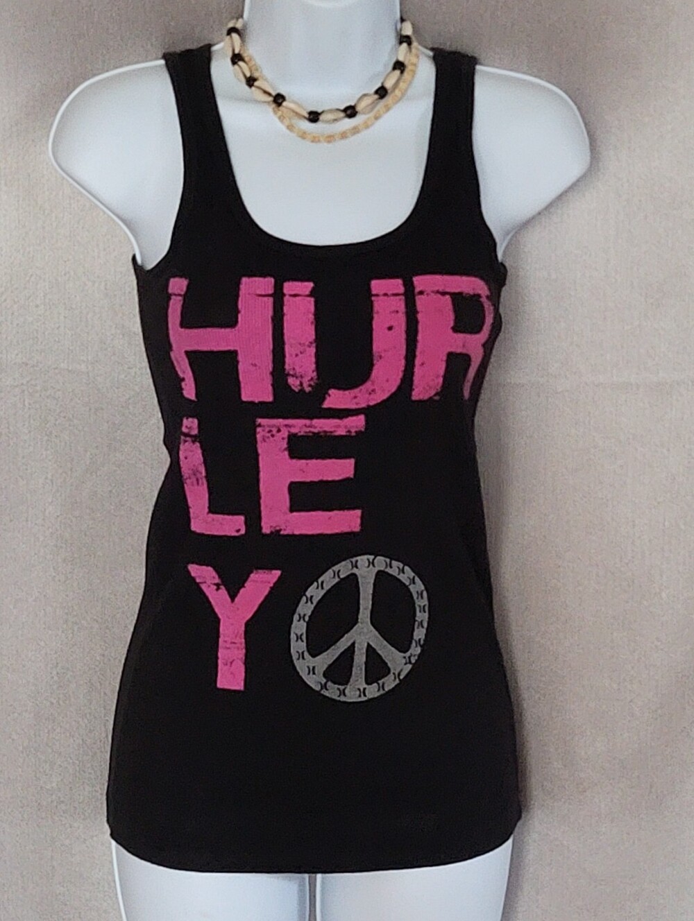 Hurley Black Tank with Pink Logo and Gray Peace Sign